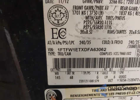 2013 Ford F-150 Fx4 from USA, damaged, VIN 1FTFW1ETXDFA63062